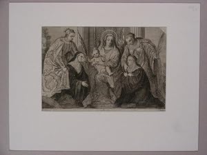 Maria mit dem Jesusknaben, umgeben von je zwei knieenden Frauen in Ordenstracht und seitlich dahi...
