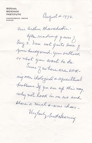 AUTOGRAPH LETTER SIGNED BY RADICAL ECONOMIST SCOTT NEARING INVITING HIS CORRESPONDENT TO VISIT.