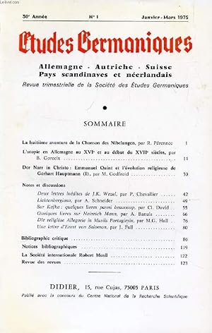 Seller image for ETUDES GERMANIQUES, 30e ANNEE, N 117, JAN.-MARS 1975, ALLEMAGNE, AUTRICHE, SUISSE, PAYS SCANDINAVES ET NEERLANDAIS (Sommaire: La huitime aventure de la Chanson des Nibelungen, par R. Prennec. L utopie en Allemagne au XVIe et au dbut du XVIIe s. .) for sale by Le-Livre