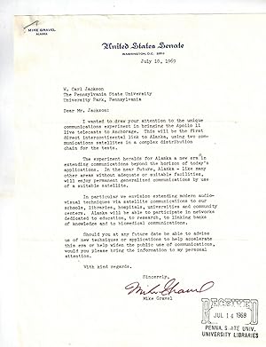 Seller image for Typed Letter Signed on Senate Letterhead About Bringing Apollo 11 Live Telecasts to Alaska for sale by Dale Steffey Books, ABAA, ILAB