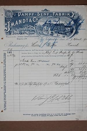 Saarbrücken, St. Johann an der Saar, Dampf-Senf Fabrik Jmandt u. Co., Stahlstich um 1900 Rechnung...