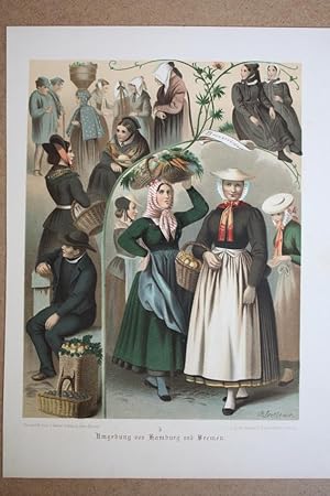 Umgebung von Hamburg und Bremen, Tracht, Kostüme, Kleidung, Chromolithographie um 1895 mit mehrer...