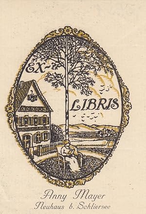 Neuhaus b. Schliersee, Ex Libris Anny Mayer, kleinformatiger zweifarbiger Druck um 1885 einer Fra...