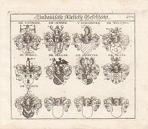 Lindauische Adeliche Geschlecht, Heraldik, Wappen, original Kupferstich um 1730 mit 12 bekrönten ...