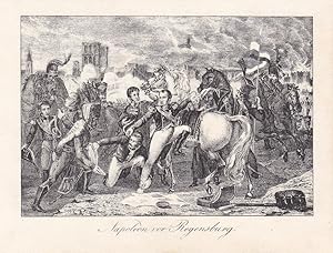 Napoleon vor Regensburg, Schlacht, Militär, bewegter Stahlstich um 1845 mit Blick auf eine Schlac...