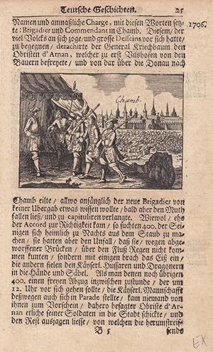 Chamb, Cham, Fluss Regen, Kupferstich um 1720 mit Blick auf die Stadt im Bildhintergrund und Figu...