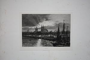 Köln, Kölner Dom St. Petrus , Groß St. Martin, Rhein, Segelboot, original Radierung um 1880 von L...