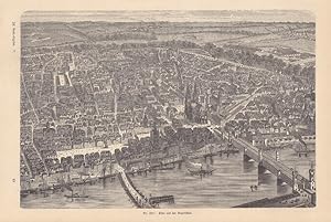 Köln aus der Vogelschau, Dombrücke, Rhein, Groß St. Martin, St. Gereon, Holzstich um 1885 mit Köl...