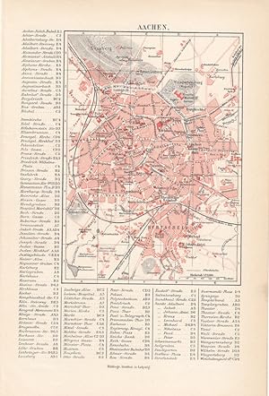 Aachen Stadtplan mit Legende, Stahlstich um 1885 mit Straßenverzeichnis und Stadtplan, Blattgröße...