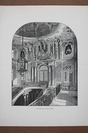 Das Treppenhaus im Schloß zu Brühl, Schlösser Augustusburg und Falkenlust, Holzstich um 1885, Bla...