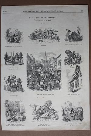 Der 1. Mai in Wupperthal, Umzug, Holzstich um 1865 mit humoristischen Darstellung von Umzugsszene...