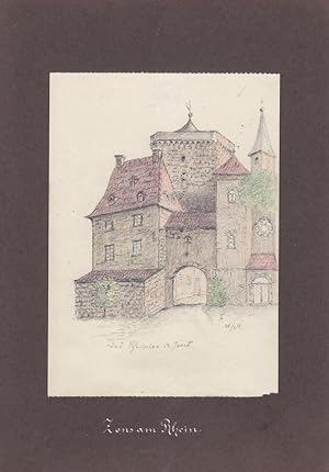 Zons am Rhein, Dormagen, Burg, Festung, Niederrhein, Bleistiftzeichnung von 1913 mit dem Portal i...