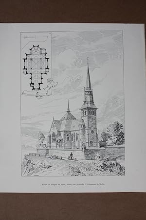 Kirche zu Allagen bei Soest, Holzstich um 1880 mit Abbildung und Grundriss der Kirche nach den Pl...