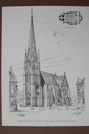 Mühlheim a.d. Ruhr, Lutherisch-evangelische Kirche, Holzstich um 1885 mit Abbildung der Kirche un...