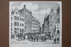 Das restaurierte Rathhaus in Wesel, Holzstich um 1865 mit reicher Figurenstaffage, Blattgröße: 22...