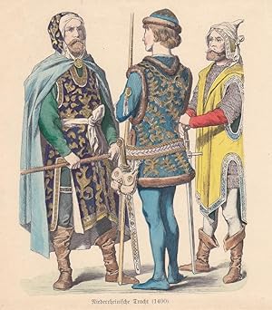 Niederrheinische Tracht 1400, Kostüm, Mittelalterliche Kleidung, altkolorierter Holzstich um 1890...