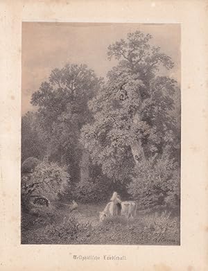 Westphälische Landschaft, Lithographie um 1880 mit schönem Naturstück mit Bauernpaar und Vieh, Bl...