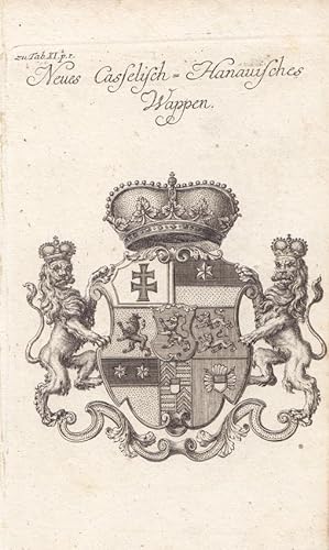 Neues Castelisch-Hanauisches Wappen, Heraldik, Kupferstich um 1730 mit reich verziertem bekröntem...