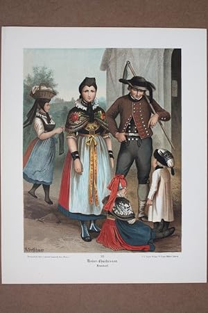Nieder-Churhessen Nenndorf, Tracht, Kostüm, Mode, Bauer, Chromolithographie um 1890 mit fünf Pers...