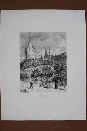 Gelnhausen, Hexenturm, original Radierung von B. Mannfeld um 1870, Blattgröße: 38,5 x 29,7 cm, re...