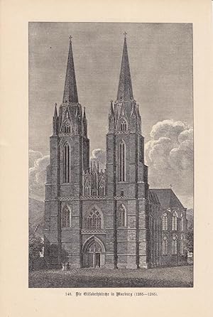 Die Elisabethkirche in Marburg an der Lahn, Holzstich um 1880 mit schönem Blick auf die Westfassa...