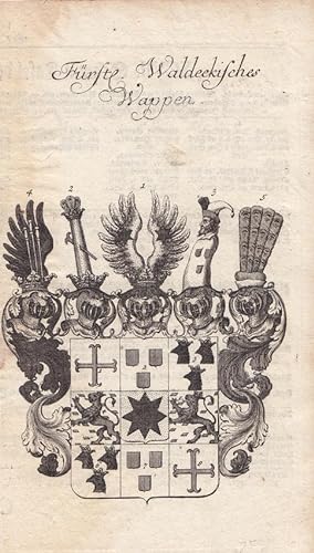 Fürstl. Waldeckisches Wappen, Wappenhelm, Heraldik, Schild, Kupferstich um 1750 mit reich ausstaf...