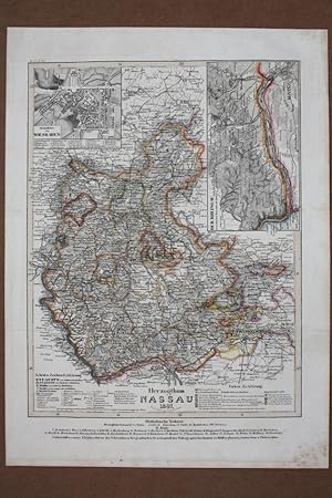 Herzogthum Nassau 1847, Der Rheingau, Grundriss von Wiesbaden, altkolorierter Stahlstich von 1847...