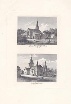 Kirche in Geissnidda, Grossenlinden, Stahlstich um 1850 mit zwei Einzelabbildungen, Blattgröße: 2...
