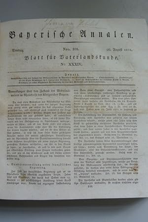 Bild des Verkufers fr Bayerische Annalen, Nr. 101. - Blatt fr Vaterlandskunde, Nr. XXXIV. - 20. August 1833. Inhalt (u.a.):Ueber die Rechtsgeschichte der bildenden Knste in Bayern (Schlu). zum Verkauf von Antiquariat Bookfarm