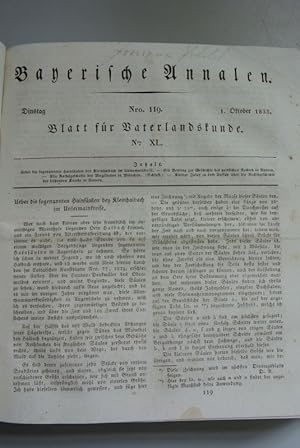 Bild des Verkufers fr Bayerische Annalen, Nr. 119. - Blatt fr Vaterlandskunde, Nr. XL. - 1. Okt. 1833. Inhalt (u.a.): Alte Rathsgeschfte des Magistrates in Mnchen (Schlu). zum Verkauf von Antiquariat Bookfarm