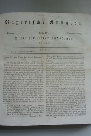 Bild des Verkufers fr Bayerische Annalen, Nr. 134. - Blatt fr Vaterlandskunde, Nr. XLV. - 5. Nov. 1833. Inhalt (u.a.): Ideen br den Nutzen der schnen Literatur. zum Verkauf von Antiquariat Bookfarm