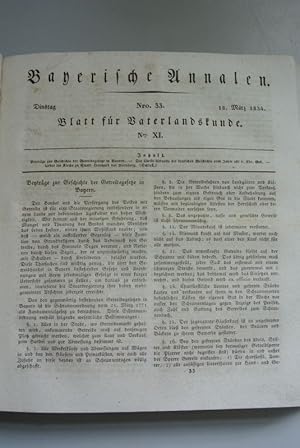 Bild des Verkufers fr Bayerische Annalen, Nr. 33. - Blatt fr Vaterlandskunde, Nr. XI. - 18. Mrz 1834. Inhalt (u.a.): Beytrge zur Geschichte der Getreidegesetze in Bayern. zum Verkauf von Antiquariat Bookfarm