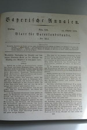 Bild des Verkufers fr Bayerische Annalen, Nr. 123. - Blatt fr Vaterlandskunde, Nr. XLI. - 14. Okt. 1834. Inhalt (u.a.): Des Scharfrichters Verrichtungen und Gebhren in der obern Pfalz. zum Verkauf von Antiquariat Bookfarm