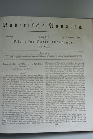 Bild des Verkufers fr Bayerische Annalen, Nr. 147. - Blatt fr Vaterlandskunde, Nr. XLX. - 9. Dez. 1834 Inhalt (u.a.): Fragmente ber die Musik in den katholischen Kirchen. (Schlu.) zum Verkauf von Antiquariat Bookfarm