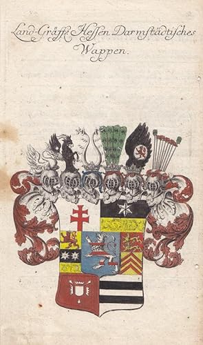 Land-Gräffl. Hessen Darmstädtisches Wappen, Heraldik, Helmzier, altkolorierter Kupferstich um 175...