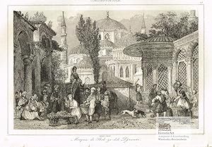 Imagen del vendedor de Mosque de Shah-za-deh Djamesi Constantinople. Straenmarkt mit Obst- und Gemsehndlern und Aufsehern, im Hintergrund Moschee in Instanbul. Original-Stahlstich von Lemaitre 1840 a la venta por historicArt Antiquariat & Kunsthandlung