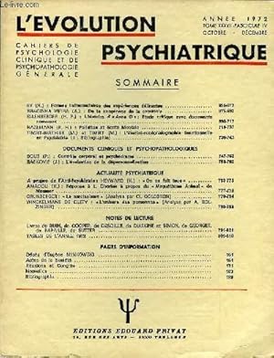 Seller image for L'EVOLUTION PSYCHIATRIQUE FASCICULE IV - EY (H.) : Formes hallucinatoires des expriences dlirantes .BRACINHA VIEIRA (A.) : De la noognse de la catatonie .ELLENBERGER (H. F.) : L histoire d  Anna O  : Etude critique avec documents for sale by Le-Livre