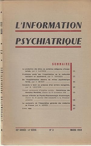 Image du vendeur pour L'information Psychiatrique - 35e anne - 4e srie - N 3. mis en vente par PRISCA