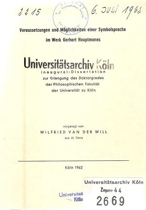 Immagine del venditore per Voraussetzungen und Mglichkeiten einer Symbolsprache im Werk Gerhart Hauptmanns . venduto da Brbel Hoffmann