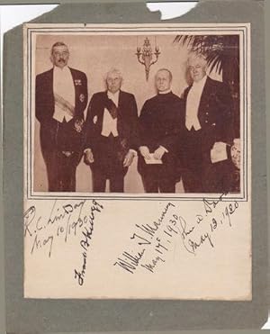 Seller image for NEWSPAPER PORTRAIT TAKEN WHEN BRITISH AMBASSADOR SIR RONALD LINDSAY WAS WELCOMED TO THE UNITED STATES AT A DINNER GIVEN BY THE PILGRIMS OF THE UNITED STATES. Signed by Lindsay and by the three other guests pictured: Frank B. Kellogg, winner of the 1929 Nobel Peace Prize; William T. Manning, Episcopal bishop of New York; and John W. Davis, American Ambassador to the U.K. for sale by Blue Mountain Books & Manuscripts, Ltd.