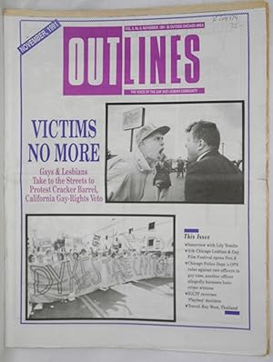 Bild des Verkufers fr OUTlines: the voice of the gay and lesbian community; [originally Chicago Outlines] vol. 5, #6, November, 1991: Victims No More: California Cracker Barrel Protest [cover story] zum Verkauf von Bolerium Books Inc.