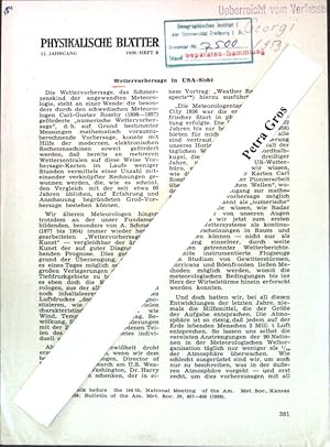 Imagen del vendedor de Wettervorhersage in USA-Sicht; Separata aus: Physiklische Bltter, 15. Jg. Heft 8; a la venta por books4less (Versandantiquariat Petra Gros GmbH & Co. KG)