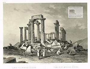 Seller image for Tempel der Minerva in gina. Temple de Minerve  gine. Ansicht der Ruinen des Minerva-Tempels Jupiter Panhellenius bei gina. Original-Stahlstich in Aquatinta-Manier von und bei Rdishli 1860 for sale by historicArt Antiquariat & Kunsthandlung