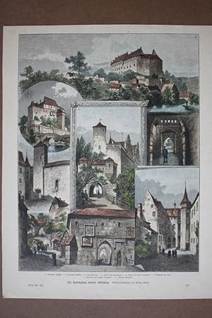 Die Radolzburg unweit Nürnberg, Franken, altkolorierter Holzstich von 1889 als Sammelblatt mit si...