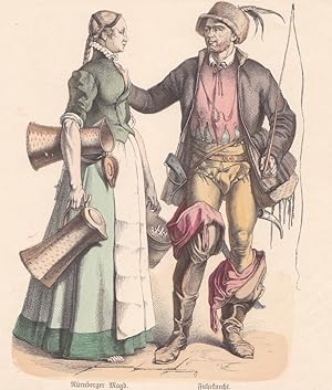 Nürnberger Magd, Fuhrknecht, Franken, Tracht, Kostüm, Kleidung, altkolorierter Holzstich um 1885,...