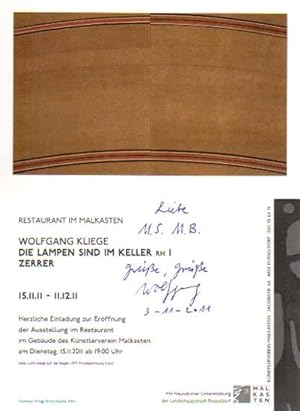 Seller image for Die Lampen sind im Keller RH I Zerrer. Restaurant im Malkasten, Dsseldorf, 15.11. - 11.12.11. [Einladungskarte / Invitation Card]. for sale by Antiquariat Querido - Frank Hermann