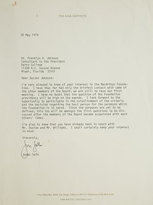 Bild des Verkufers fr TLS. To Dr. Franklyn A. Johnson. About the MacArthur Foundation on whose Board Salk sat zum Verkauf von James Cummins Bookseller, ABAA