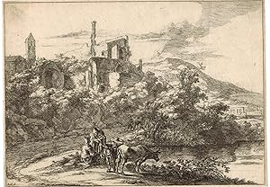 Seller image for View of Tivoli with two cowherds in conversation. Landscape with also two cows standing on the banks of the river at right, buildings in left middle distance, and ruins of Hadrian's Villa in right background; from a series 'Views of Rome and its Surroundings' for sale by R.G. Watkins Books and Prints