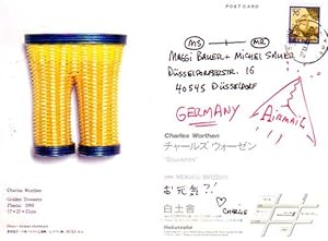 Golden Trousers, Plastic, 1995. Photo: Alistair Overbruck. [Einladungskarte / Invitation Card].