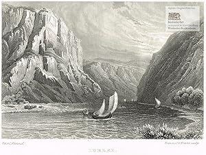 Imagen del vendedor de Lurlei. Ansicht des Rheintals mit Segelschiffen vor den steilen Felsen der Loreley. Original-Stahlstich von Winkles nach Frommel um 1830 a la venta por historicArt Antiquariat & Kunsthandlung